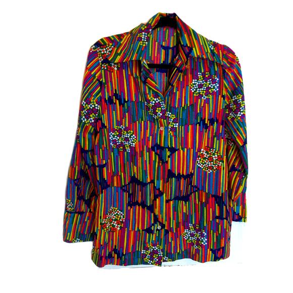 Vintage Colorful Neon Abstract Graphic Dagger Collar Psychedelic Top Blouse READ - Picture 2 of 7